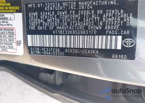 2005 Toyota Camry Se из США, поврежденный, VIN 4T1BE32K85U963170